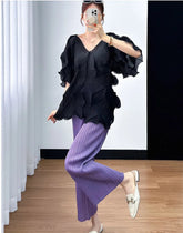 HEYFANCYSTYLE Women's Petite Flounce Sleeve Pleated Set for Upscale Occasions